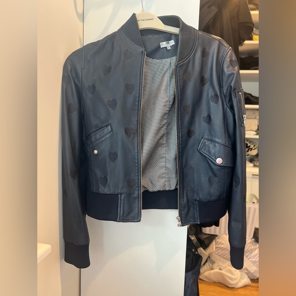 Samantha Sipos HEARTS 💙 Leather Bomber Jacket Navy